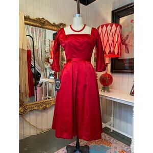 vintage 1950s Mollie Parnis red silk satin dress 50s designer holiday cocktail s